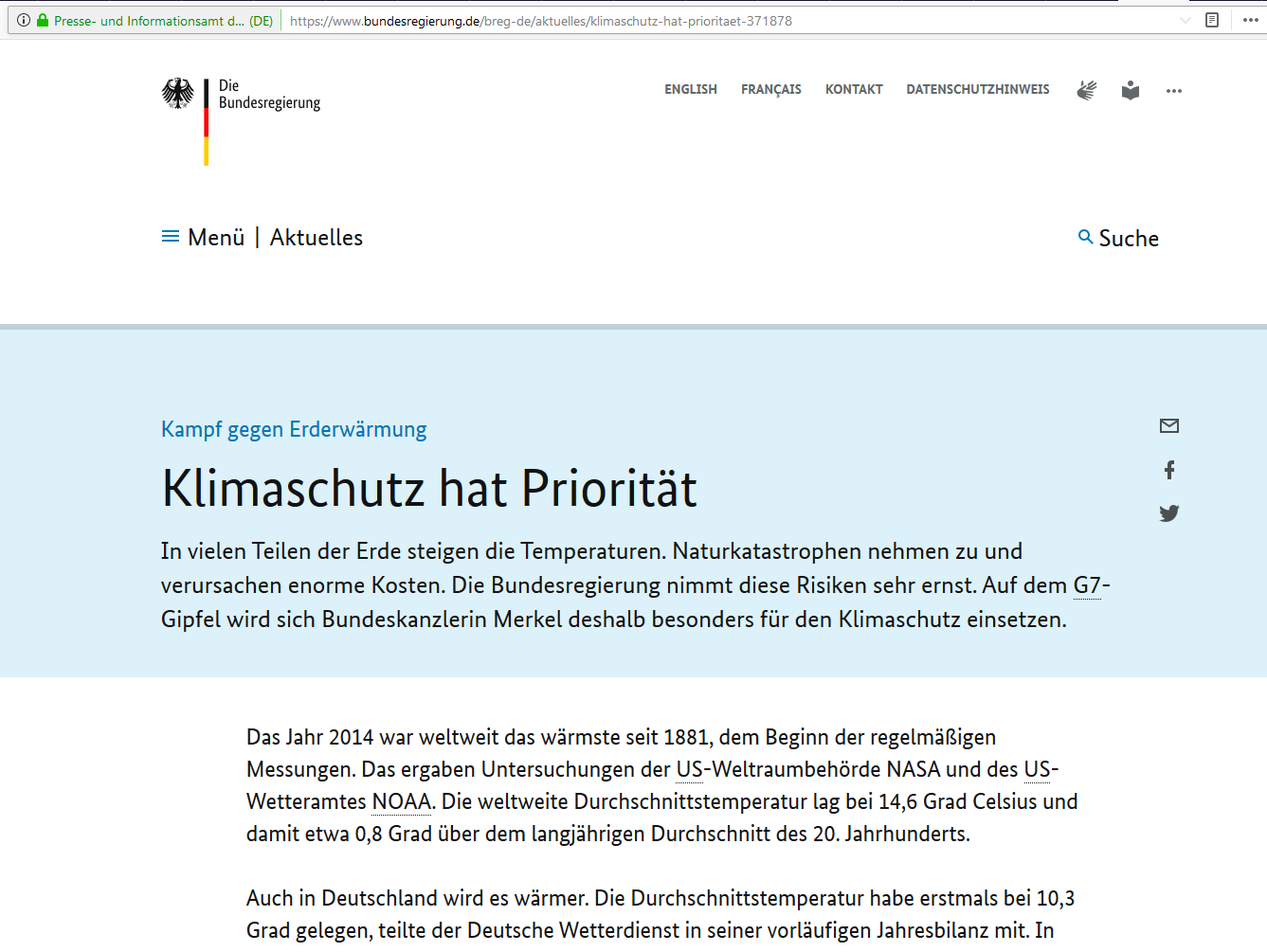 bundesregierung klimaschutz hat prioritaet 2014 globale mitteltemperatur 14,6 grad celsius